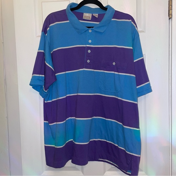 80s/90s vintage Windridge Mervyns Striped Blue and Purple Men's Polo Shirt - Picture 1 of 7